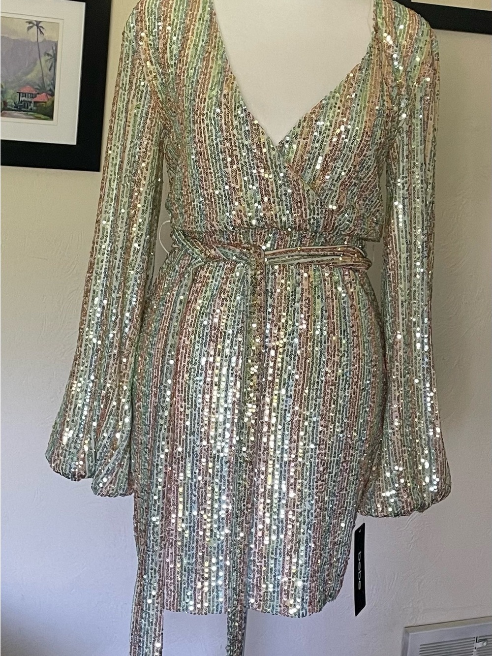 bebe Multicolor Sequin Mini Dress with Bell Sleeves